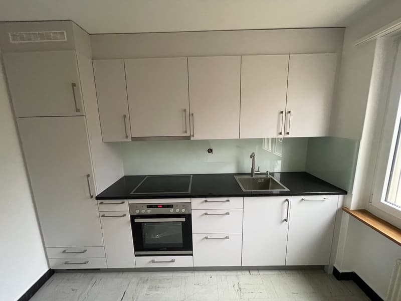 modern kitchen with white cabinets, black countertop, integrated oven and dishwasher, stainless steel sink with faucet