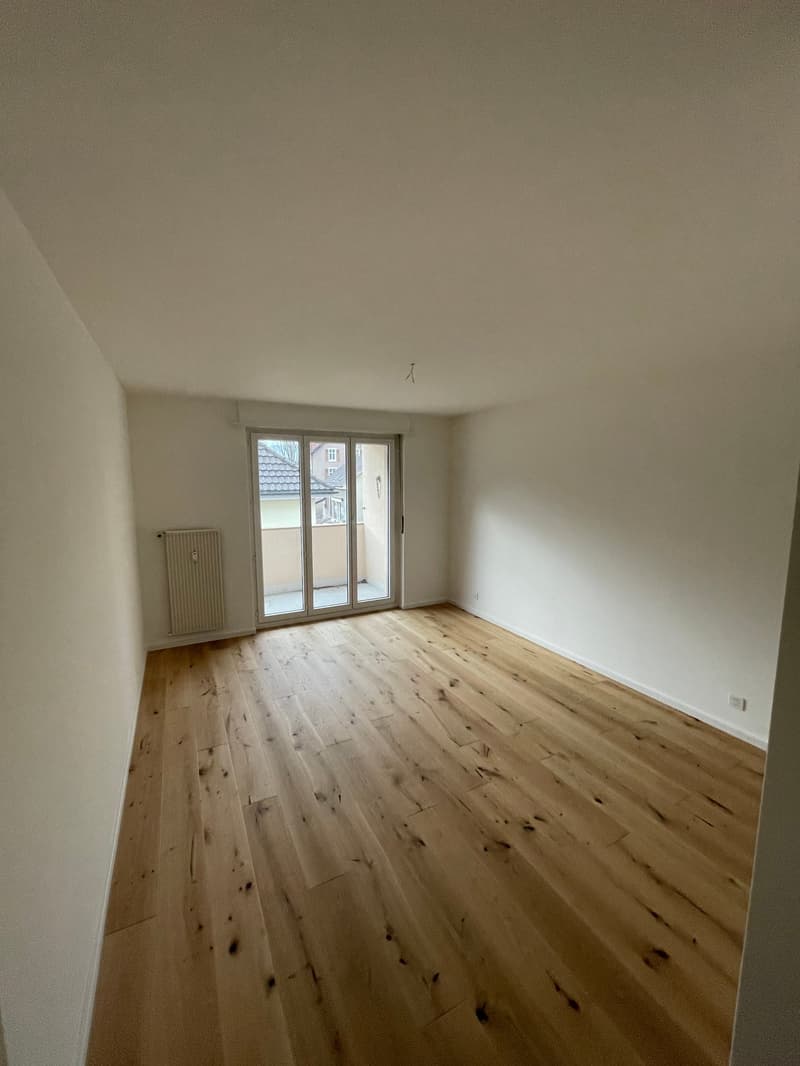 Empty room, wooden floor, sliding doors, balcony, white walls, heater, windows