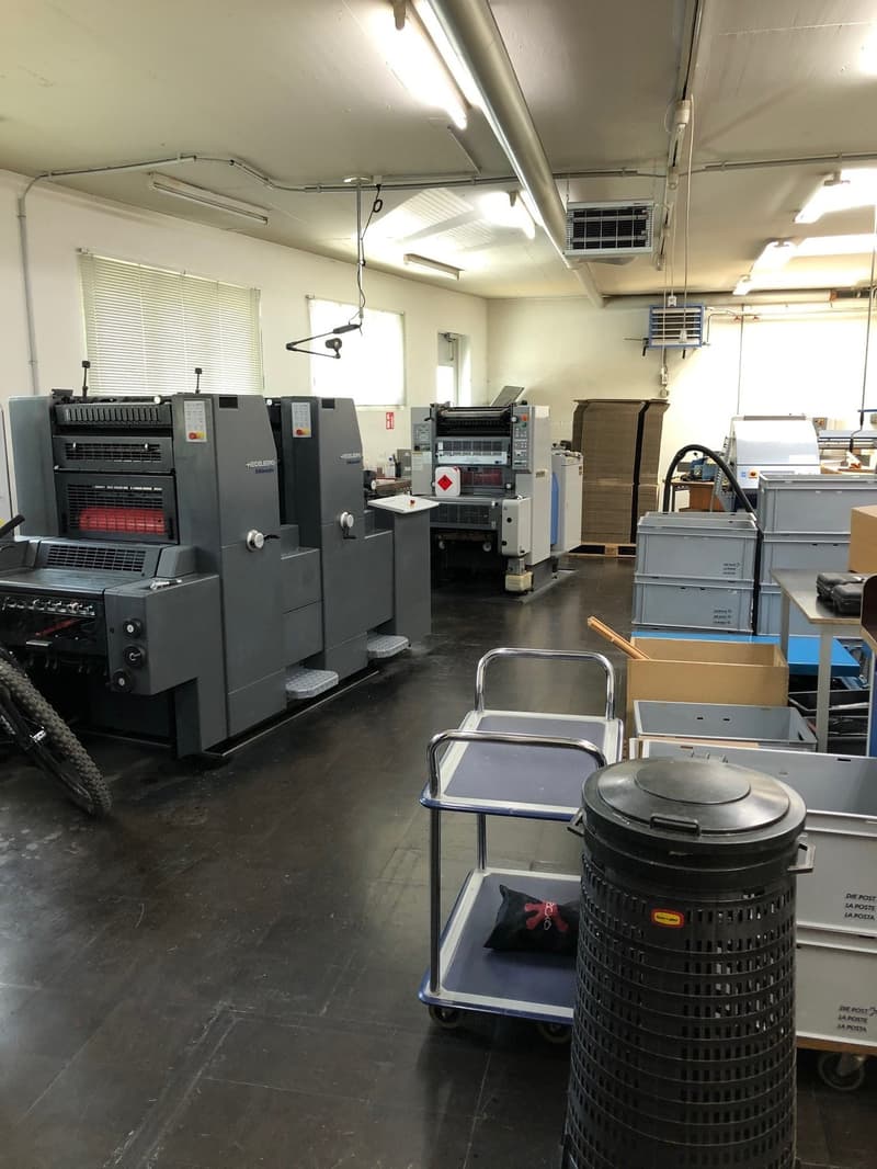 Industrial printing machinery, office chairs, bicycles, storage boxes, trolleys, overhead lighting, air conditioning units