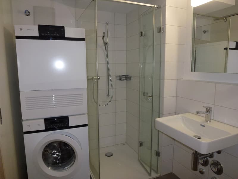 white tiled walls, glass shower enclosure, white sink, washing machine, mirror