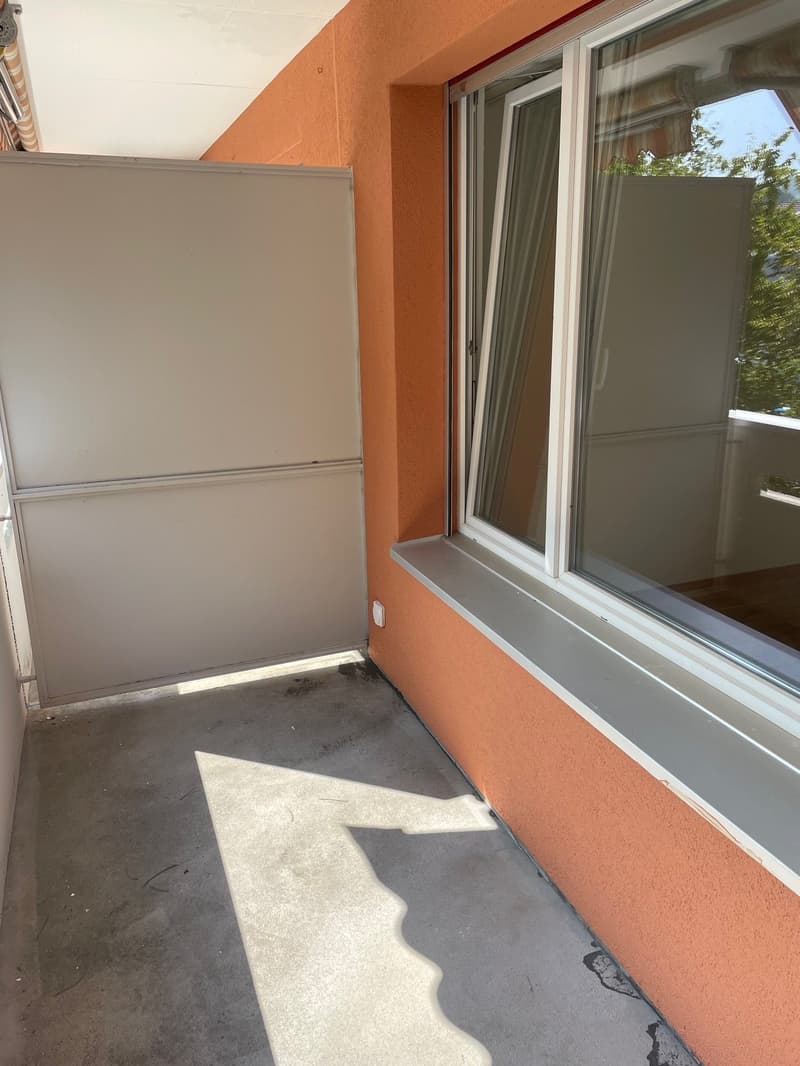 Balcony with sliding door, window, concrete floor