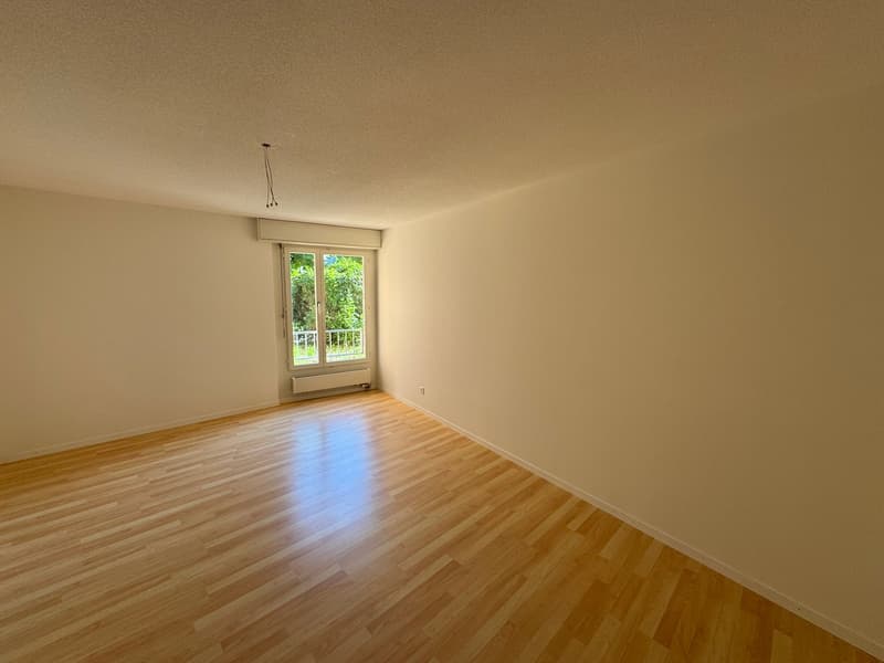 empty room, wooden floor, sliding glass door leading to balcony, beige walls, window with view to outside, radiator