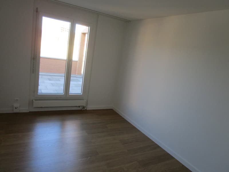 empty room with large windows, balcony, white walls, wooden floor, white electrical outlet