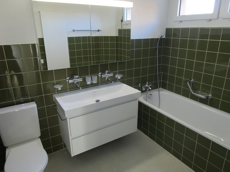 Green tile walls, modern white vanity, white bathtub, shower handle, toilet