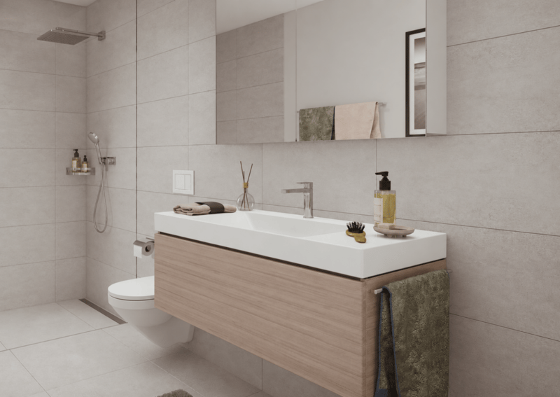 Tageslicht-Badezimmer mit Dusche, Lavabo und WC