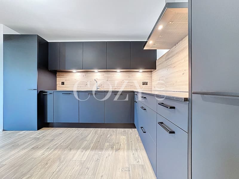 Modern kitchen with gray cabinets, wooden backsplash, and hardwood flooring. The kitchen features built-in appliances including a dishwasher.