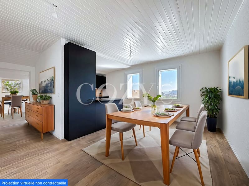 Spacious dining area with wooden dining table and chairs, large windows providing natural light, built-in storage cabinet, and potted plants adding greenery to the space.
