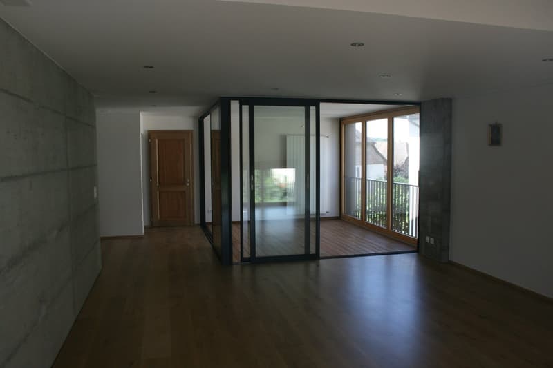 empty room, wooden floor, glass walls, balcony, concrete wall