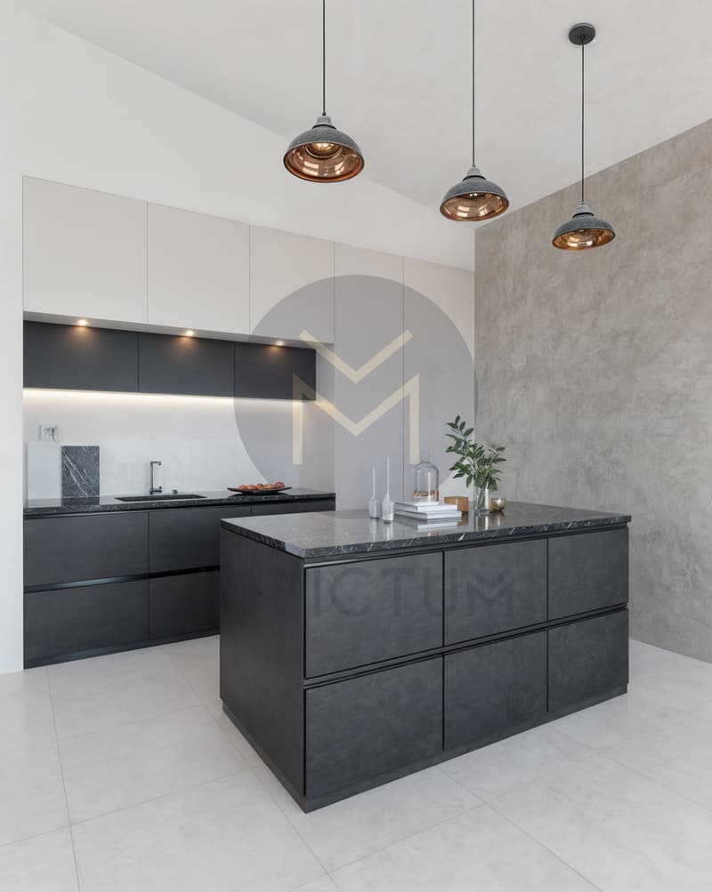 Une cuisine moderne avec un îlot central / a modern kitchen with black cabinets and an island