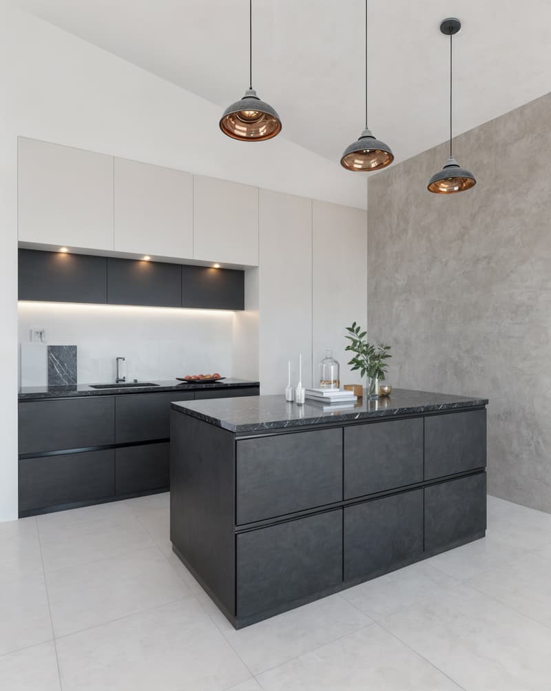 Une cuisine moderne avec un îlot central / a modern kitchen with black cabinets and an island