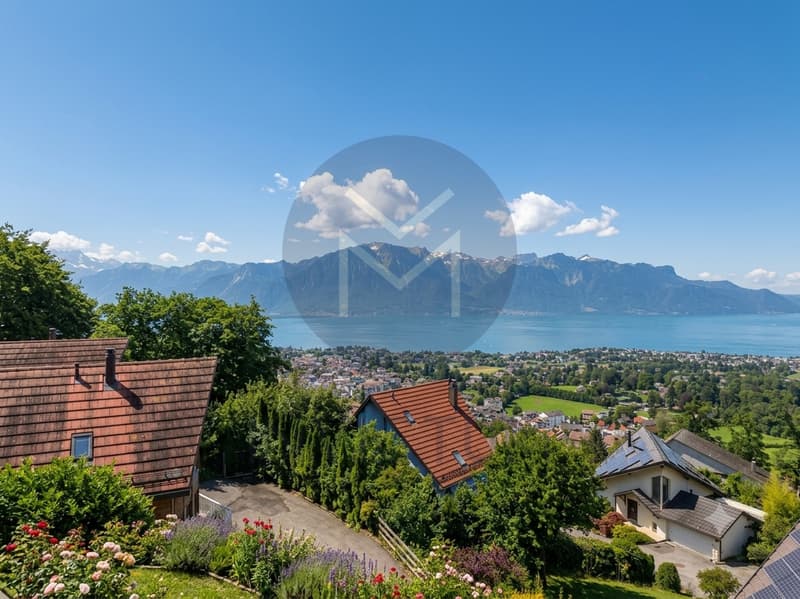 Vue magnifique sur le lac et les montagnes / a view of a lake, mountains and houses in a village