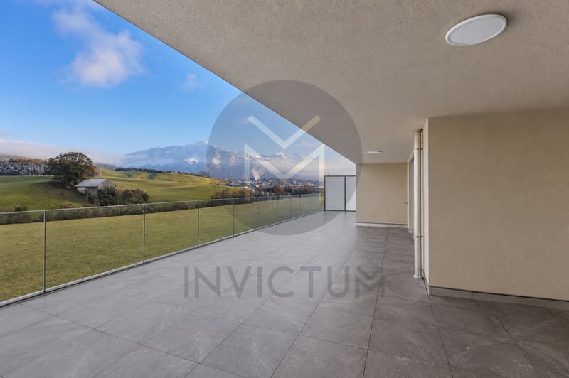 Magnifique vue sur les montagnes / the view of the mountains and valley from the balcony of a modern home
