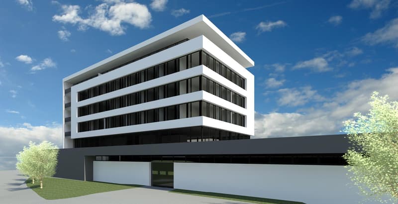 modern office building, white exterior, glass windows, concrete base, parking area, trees