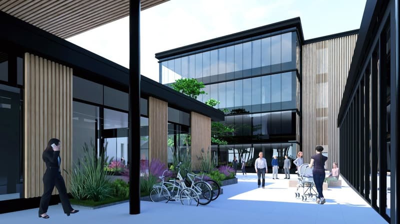 glass facade, modern design, plants, bicycles, multiple entrances, people walking, bicycles parked