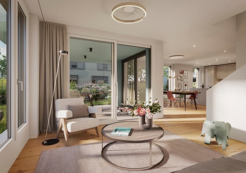 modern living room with wooden floor, large windows, sliding glass doors, balcony, round coffee table, flowers, round ceiling lamp, floor lamp, rug, elephant toy, dining table, chairs