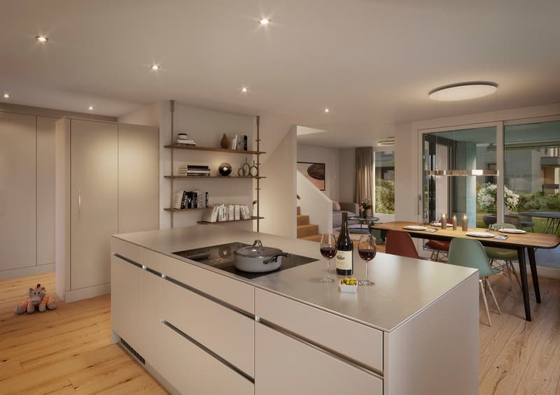 modern kitchen with island, stainless steel appliances, wooden floors, white cabinets, large windows, dining area with table and chairs