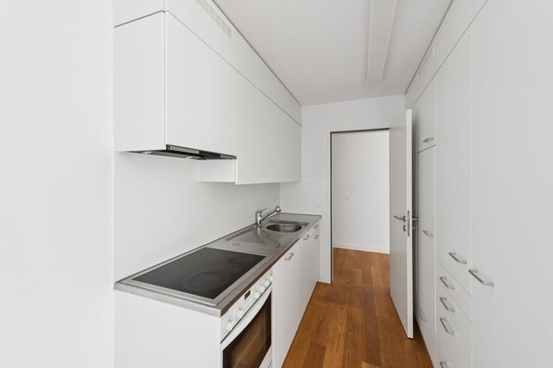 modern kitchen with white cabinets, wooden floor, stainless steel appliances, sink, faucet, oven, dishwasher
