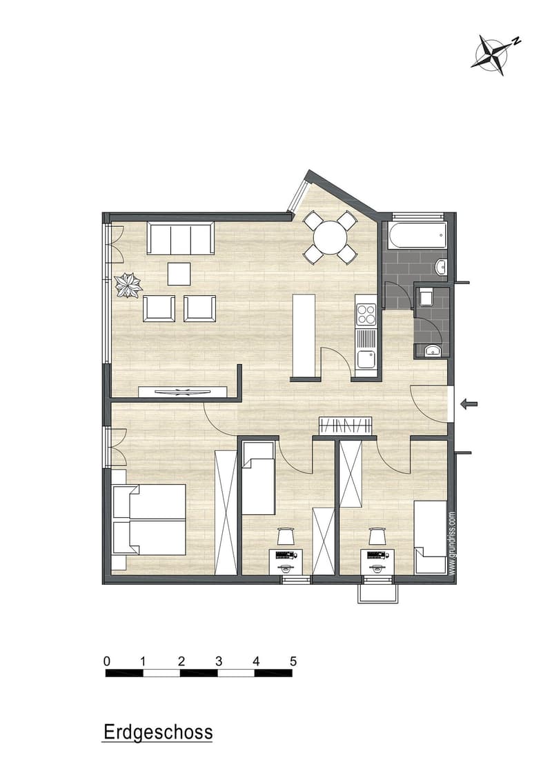Ground floor plan with living room, kitchen, 2 bedrooms, 2 bathrooms, balcony