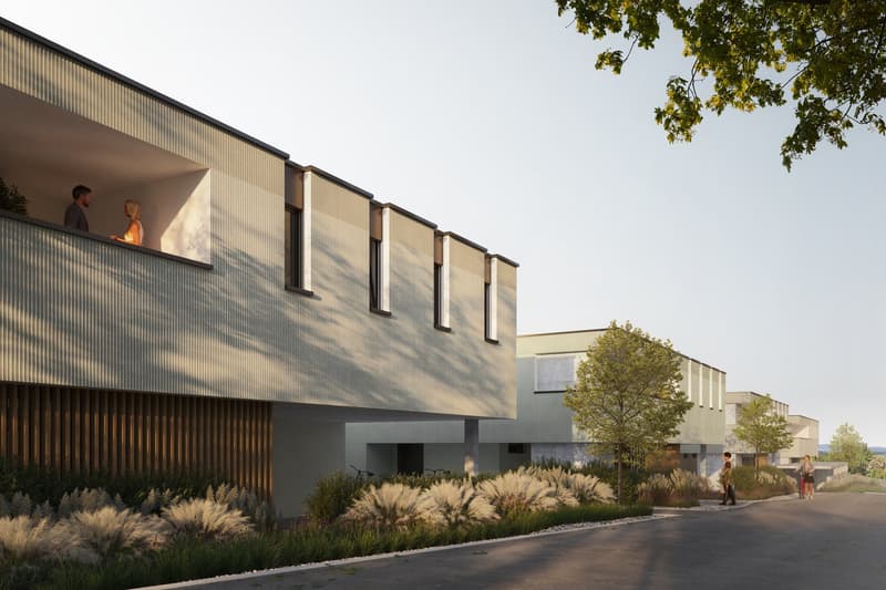 Modern design, multiple windows, balconies, driveway, greenery