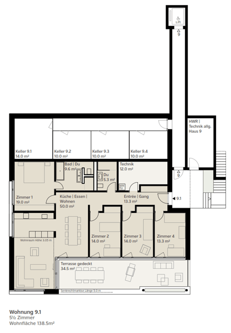 4 bedrooms, living room, kitchen, bathroom, entrance, covered terrace, storage room, technical room