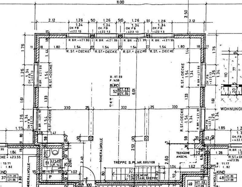 Floor plan with dimensions and measurements, includes living room, kitchen, 2 bedrooms, 2 bathrooms, and a staircase.