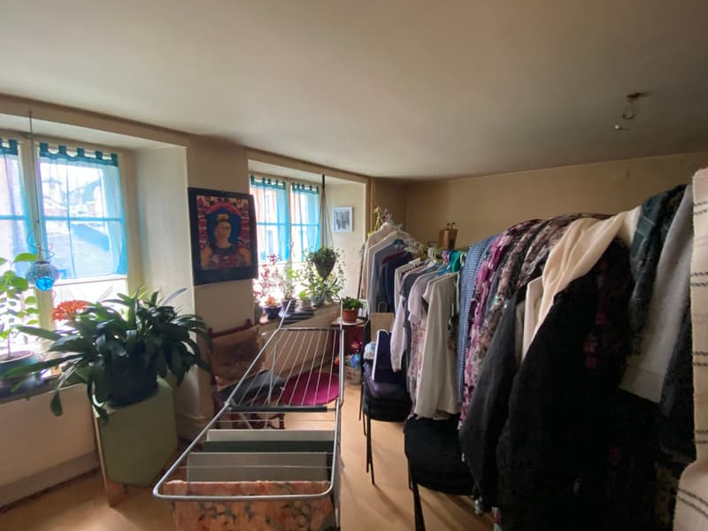 room with wooden floor, large windows, clothes rack, plants, picture frame, and a drying rack