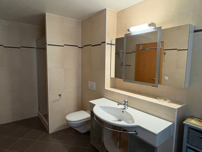 modern bathroom with white tiles, white sink, white toilet, shower, mirror, light above mirror