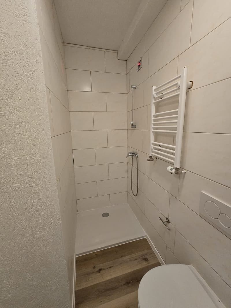 white tiled walls, wooden floor, separate shower and toilet, towel rack