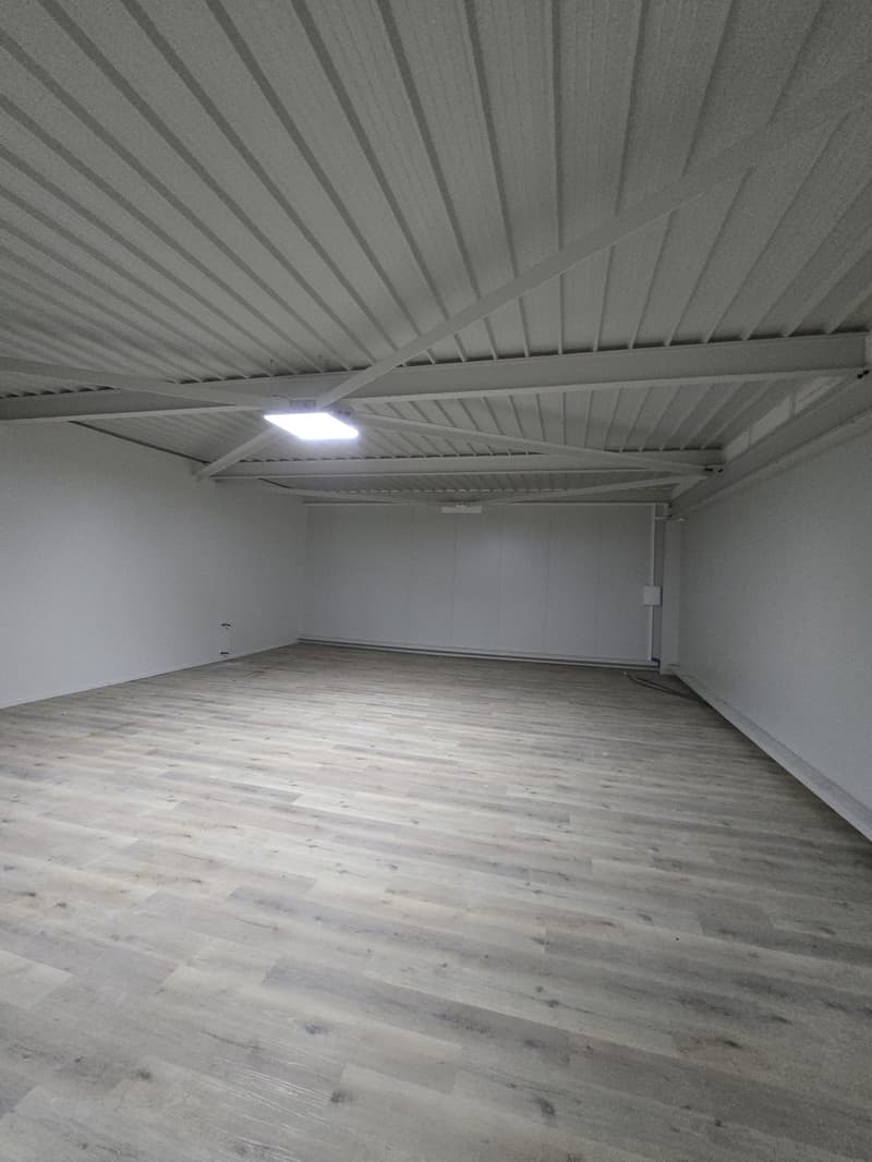 empty room, metal roofing, white walls, wooden flooring, fluorescent ceiling light