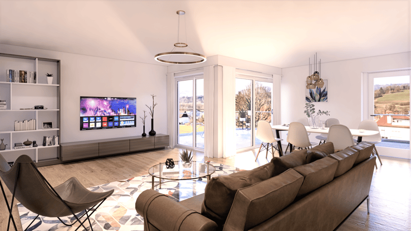 L-shaped brown leather sofa, glass center table, armchair, flat screen TV, bookshelf, wooden flooring, sliding glass doors leading to balcony, large windows, ceiling light, balcony with view of outdoor landscape