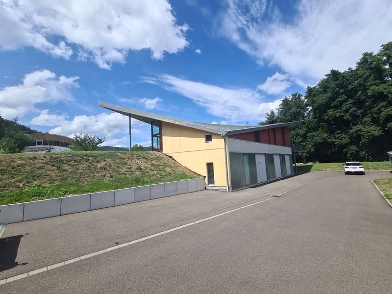Modern house with a sloping roof, red brick walls, glass doors and windows, situated on a raised ground floor, located near a sloping green hill.