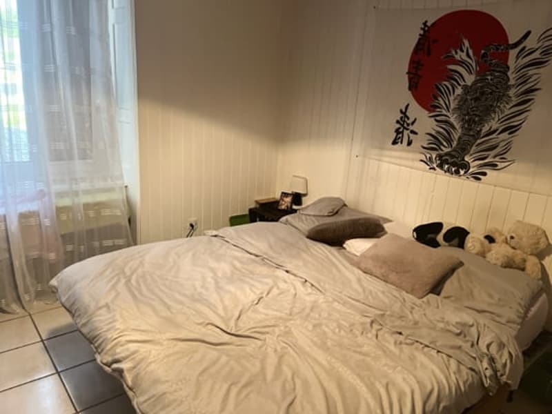 Cozy bedroom with a large bed, plush bedding, and decorative pillows. The room has a large window that provides natural light and a view of the outdoors. The walls are decorated with a framed artwork featuring a rooster design.