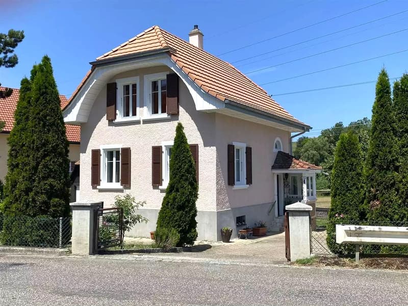 Detached house with brown roof, white walls, multiple windows, small front garden, shrubs, and pathway leading to the entrance.