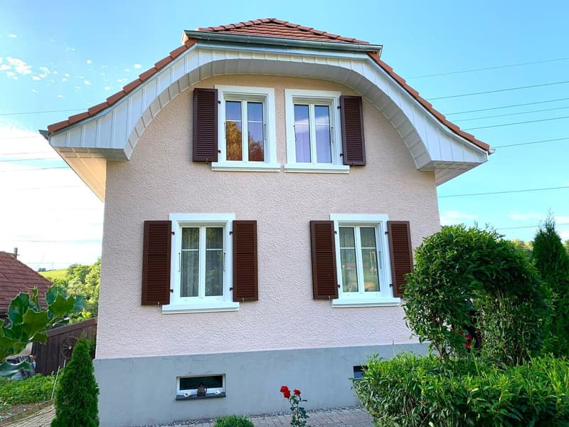 Two-story house with red roof, brown shutters, pink walls, large glass windows, small window on the ground floor, brick walkway, garden with bushes and flowers.