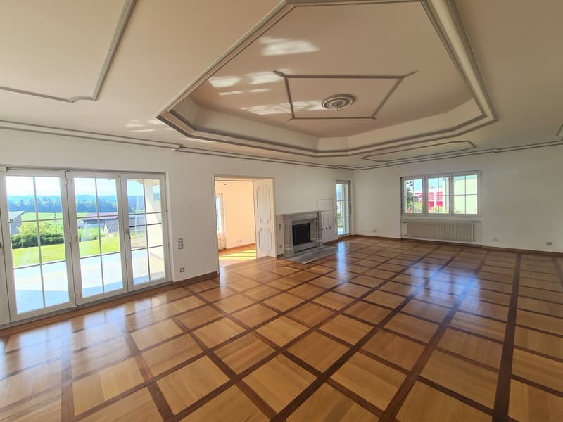 Spacious living room with hardwood flooring in a diagonal pattern, large windows providing natural light, and a fireplace visible in the background.