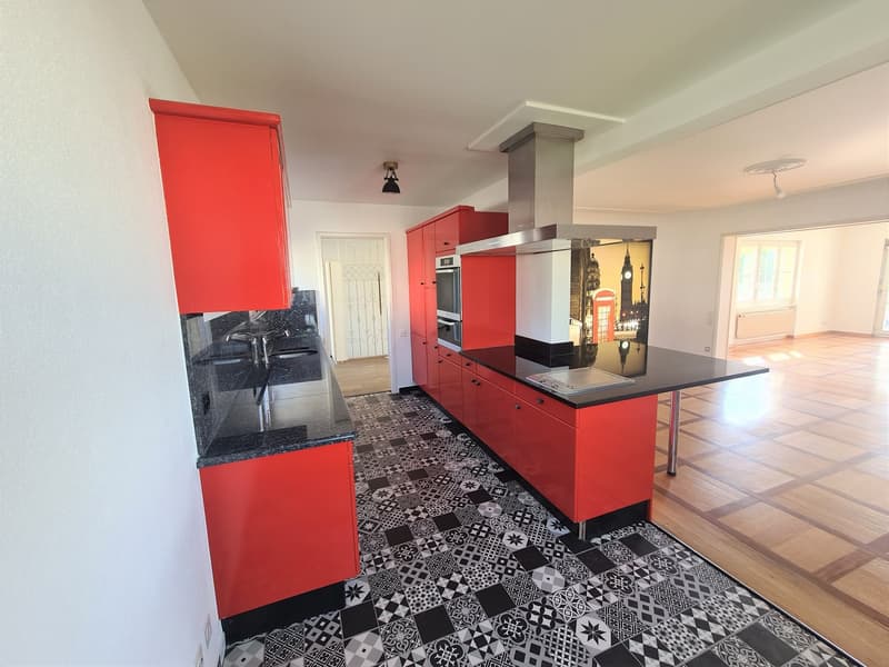 Spacious kitchen with red cabinets, black granite countertops, stainless steel appliances including a dishwasher, and a patterned tile floor.