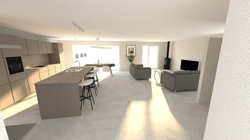 The image shows an open concept living space with a modern kitchen, dining area, and living room. The kitchen features light-colored cabinets and a large island with bar stools. The living room has a couch and a fireplace. The space has large windows that