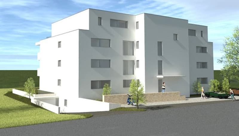 4-story white apartment building with multiple units, parking spaces in front, surrounded by greenery