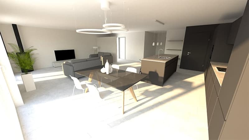 Open-concept living room with modern furniture, including a gray sofa, coffee table, and dining table. The room has large windows and a pendant light fixture. There appears to be a balcony or terrace visible.