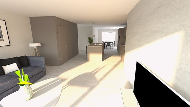 Open-concept living room and kitchen, grey sofa, dining table, hardwood floors, large windows allowing natural light, and a balcony or terrace visible.
