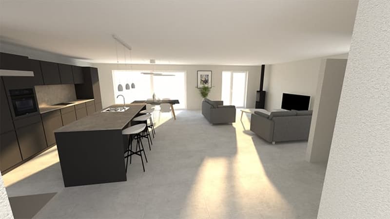 The image shows an open concept living space with a modern kitchen, dining area, and living room. The kitchen features dark cabinets and a large island with bar stools. The living room has a couch and TV. The space has large windows allowing for plenty of