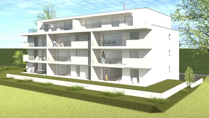 3-story modern apartment building with white exterior, balconies on each floor, and a grassy area in front