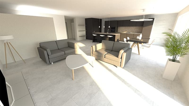Open-concept living room and kitchen with grey sofa, armchairs, coffee table, and dining table. Modern kitchen with dark cabinets and appliances, including a dishwasher. Large windows and sliding glass doors leading to a balcony or terrace.