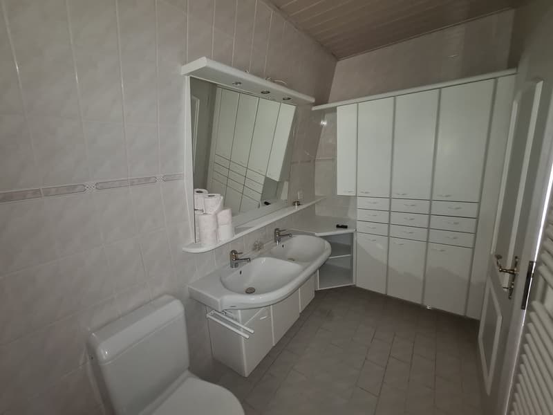 Spacious bathroom with white tiled walls and floor, double vanity sink, mirror cabinet, and storage cabinets