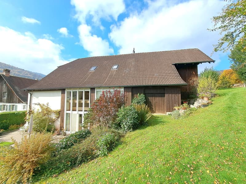 2 story house, brown roof, glass windows, wooden garage, garden, green lawn, brown and white walls, chimney, balcony