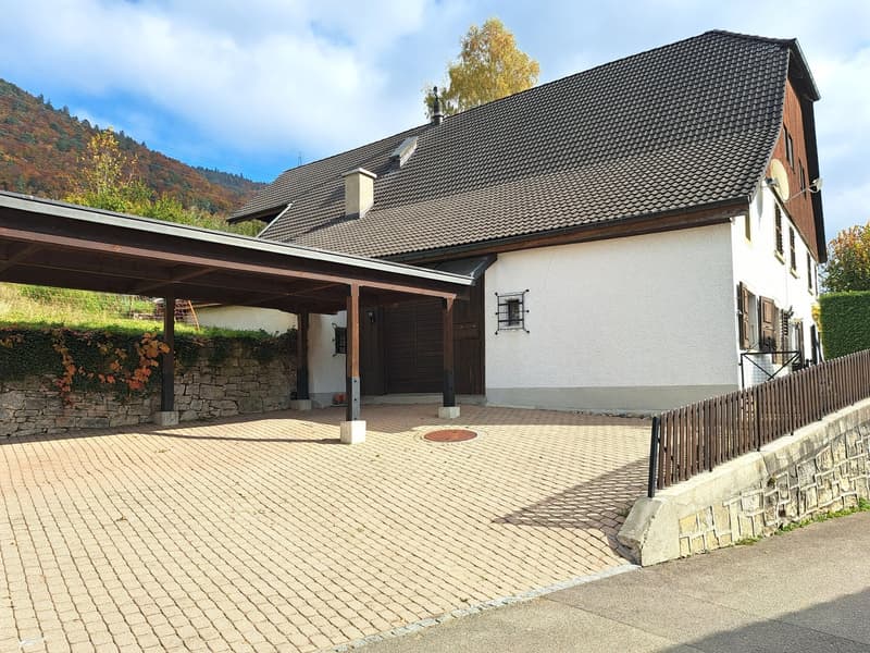 Detached house, brick, brown roof, paved driveway, wooden garage, walled garden, fence