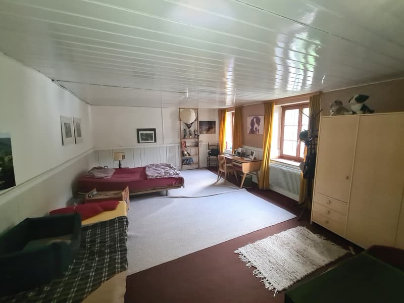 Bedroom with two beds, rug, lamp, wardrobe, desk, chair, bookshelves, radiator, curtains, picture frames.