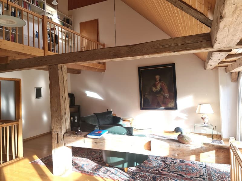 Exposed wooden beams, rustic living area, couch, wooden table, bookshelf, painting on the wall, carpet, lamp, decorative duck, rug