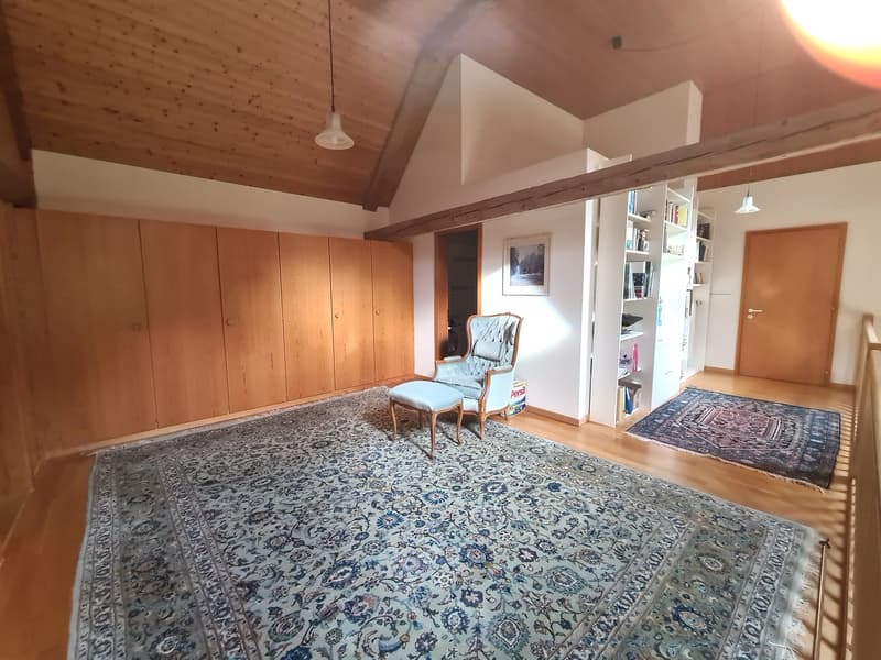 large living room, wooden cabinets, carpet, vintage armchair, rug, large painting