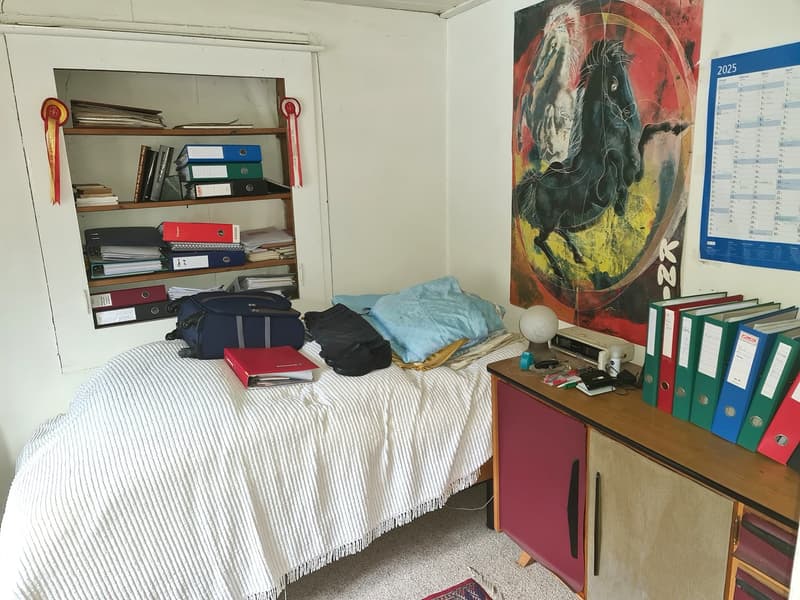 single bed, small desk with drawers, open shelf, bedspread, pillow, wall painting, calendar